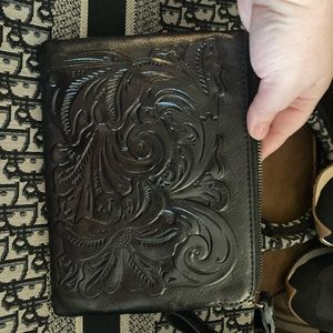 Black leather Patricia Nash clutch wristlet/pouch